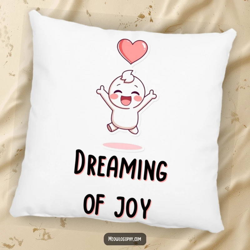 Funny pillow featuring an adorable character joyfully jumping, a heart symbol above, bringing cheer and comfort for a happy home.