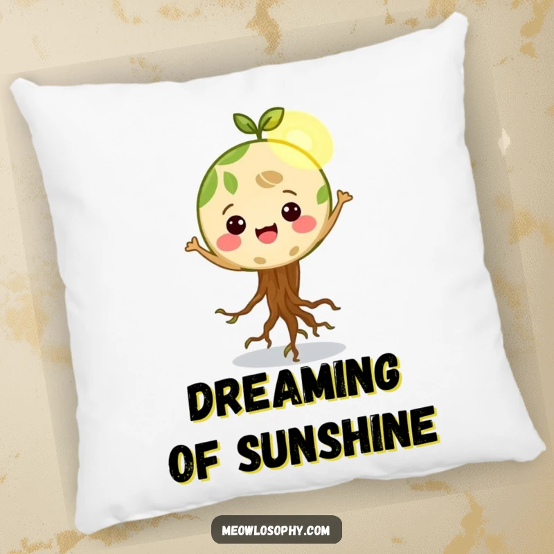 Funny Happy Earth character with roots wiggling, dancing in a sunbeam, a soft pillow offering comfort and eco-friendly charm.