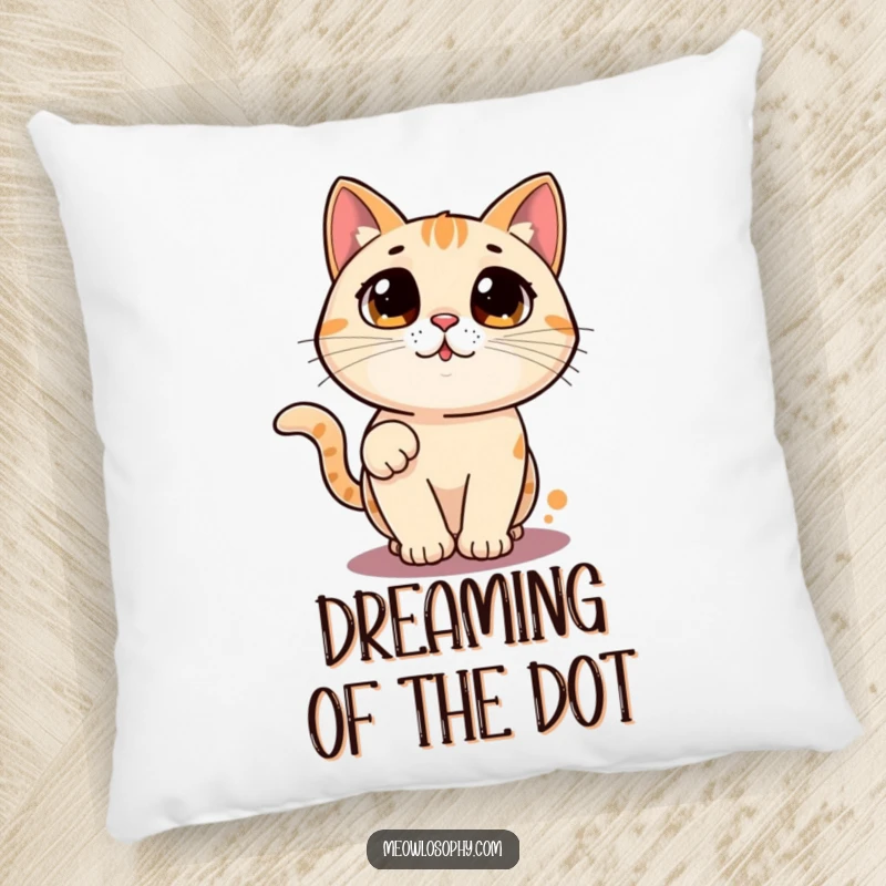 Funny cat pillow with a wide-eyed character chasing a laser pointer dot in a circle, humorous and cozy home decor.