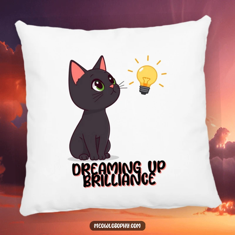 Funny black cat pillow, cat staring at a lightbulb icon with wonder, comfortable and humorous home decor, ideal gift.