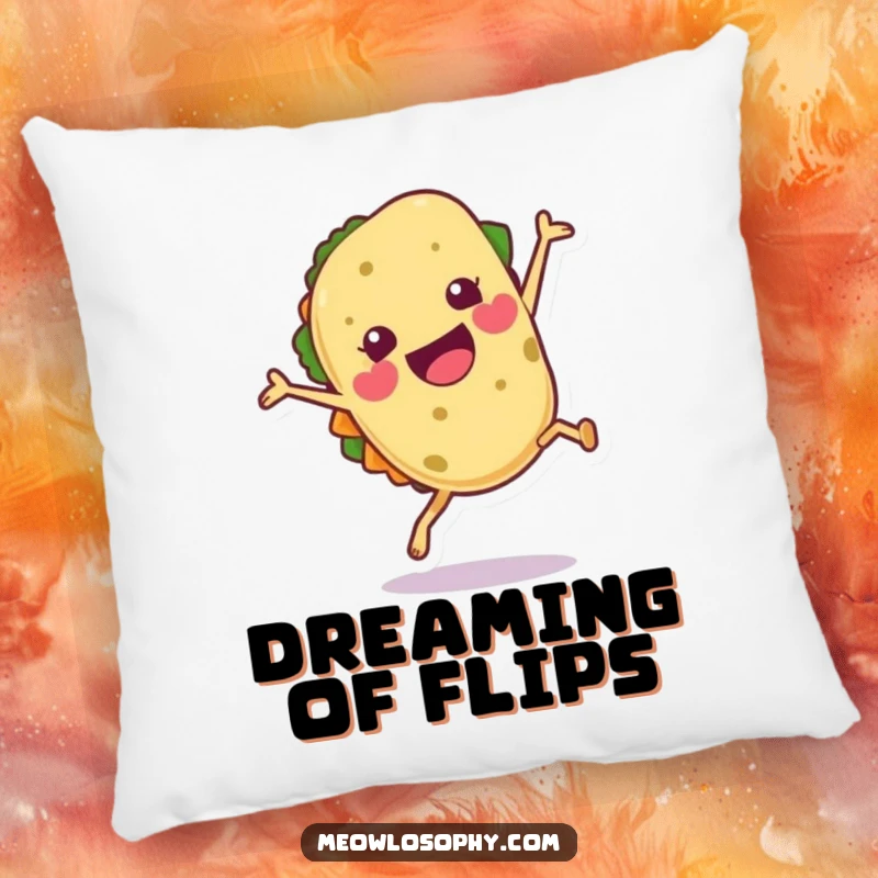 Funny Tortilla Pillow doing a joyful cartwheel with a flourish, adding comfort and energy.
