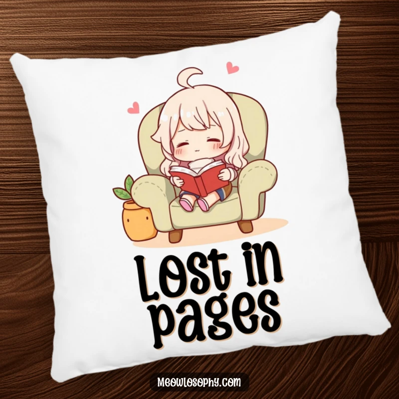 Funny character in a cozy armchair, deeply engrossed in a book with a happy expression, on a decorative pillow.