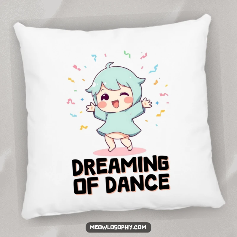 Funny Dancer Pillow: A playful character in a silly dance pose, surrounded by streamers, perfect for adding fun.