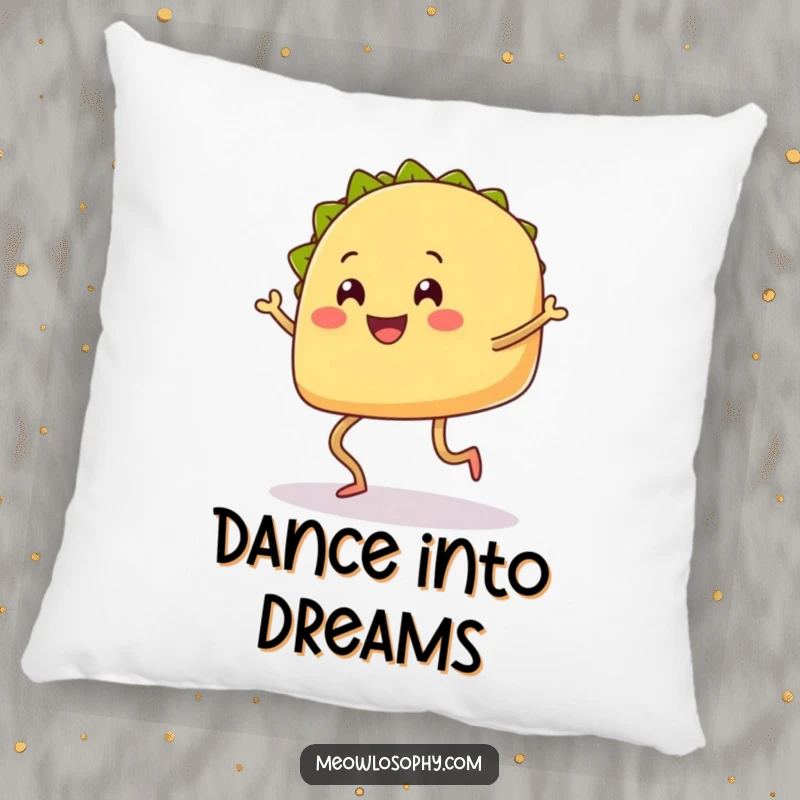Funny Taco Pillow with legs smiling and doing a happy shuffle dance, adding comfort and joy.