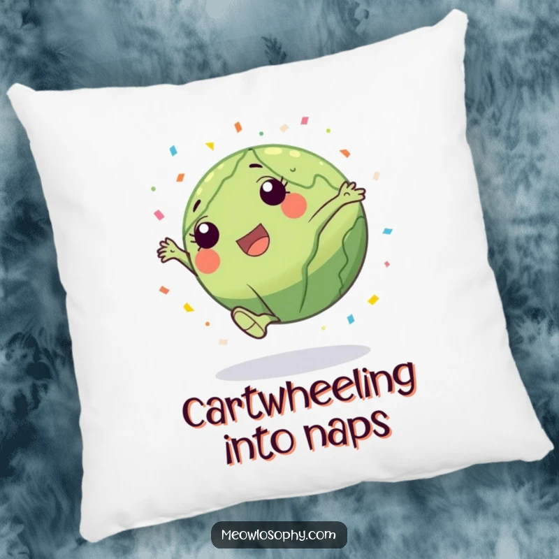 Funny Earth character doing a cartwheel with a trail of confetti, featured on a soft pillow, providing festive, humorous comfort.