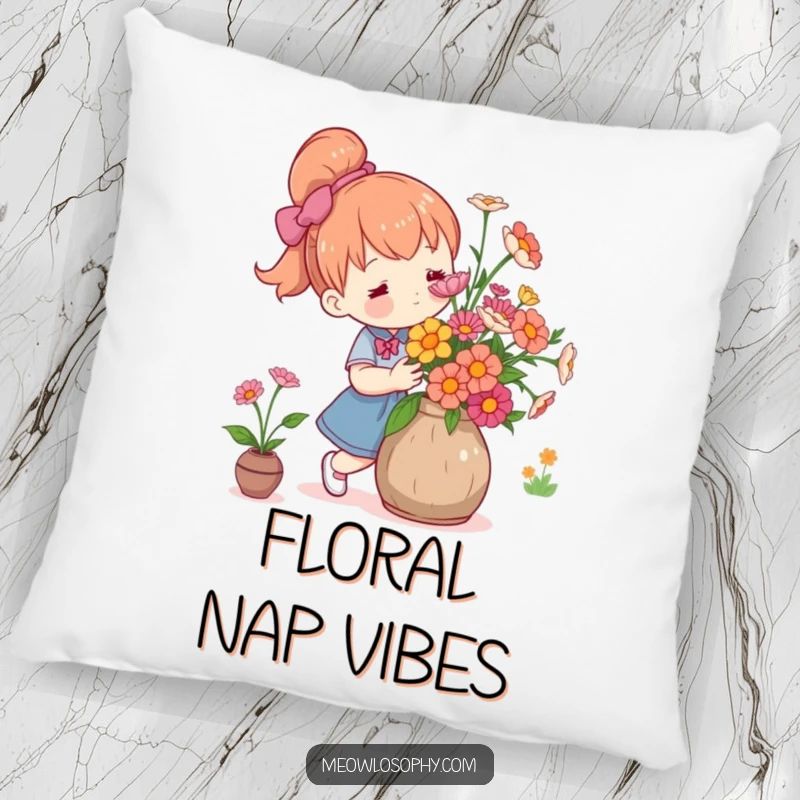 Funny cute character arranging fresh flowers in a rustic vase with care, featured on a soft decorative pillow.