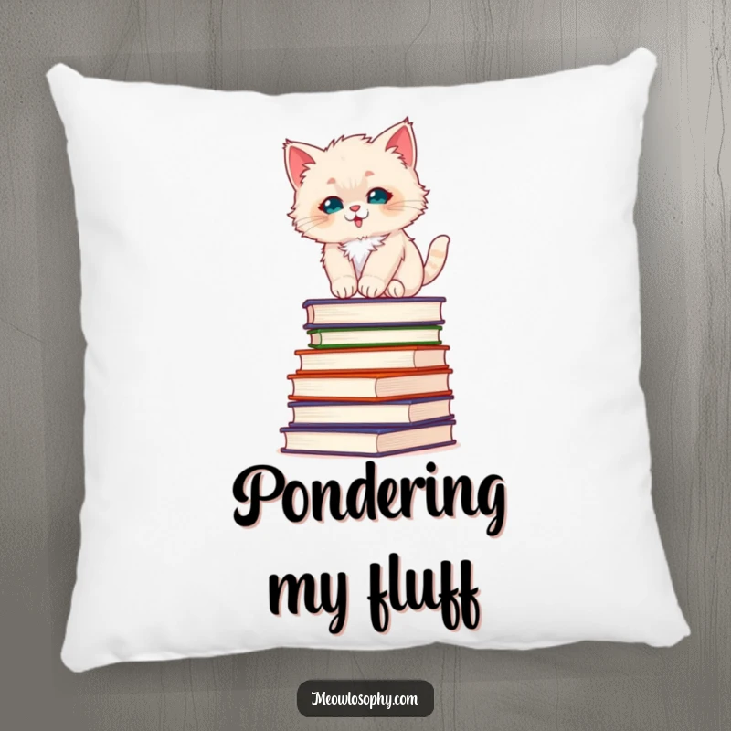 Funny fluffy kitten pillow, depicting a kitten balancing on philosophy books, offering comfort and a dose of intellectual humor.