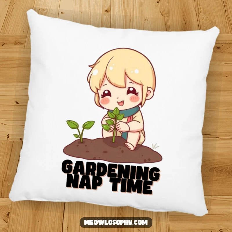Funny pillow with a cute character tending a miniature garden and smiling at a sprout, adding a whimsical and natural touch.