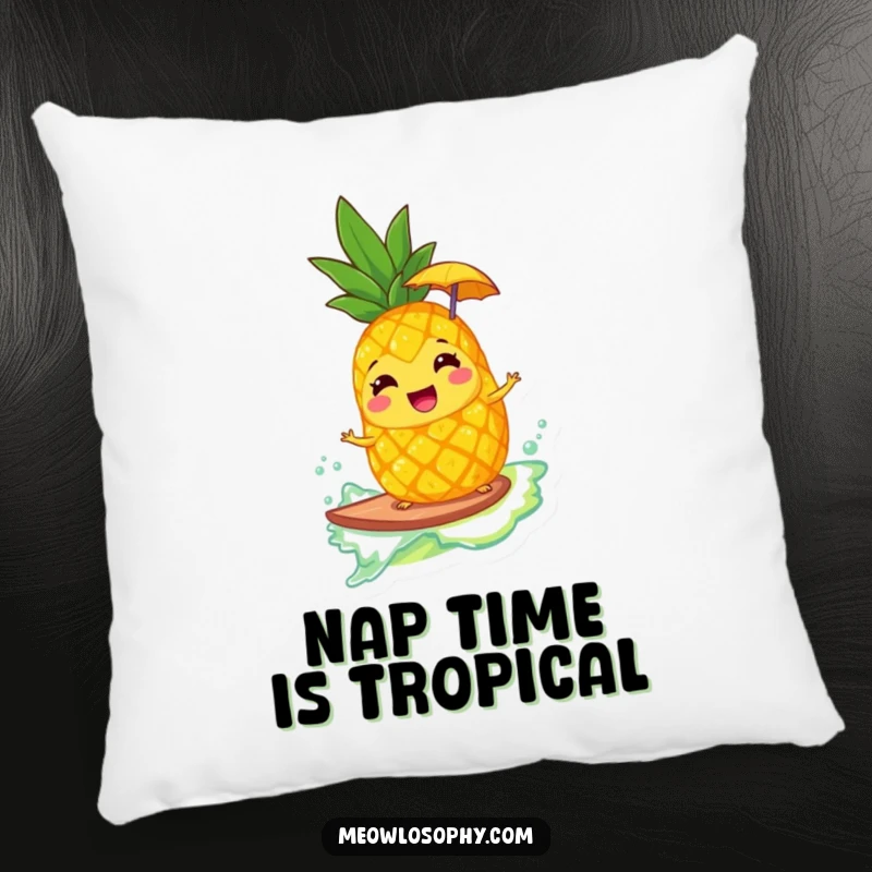 Funny pillow with a giggling pineapple wearing an umbrella, surfing a lemonade wave, offering tropical comfort and a humorous touch.