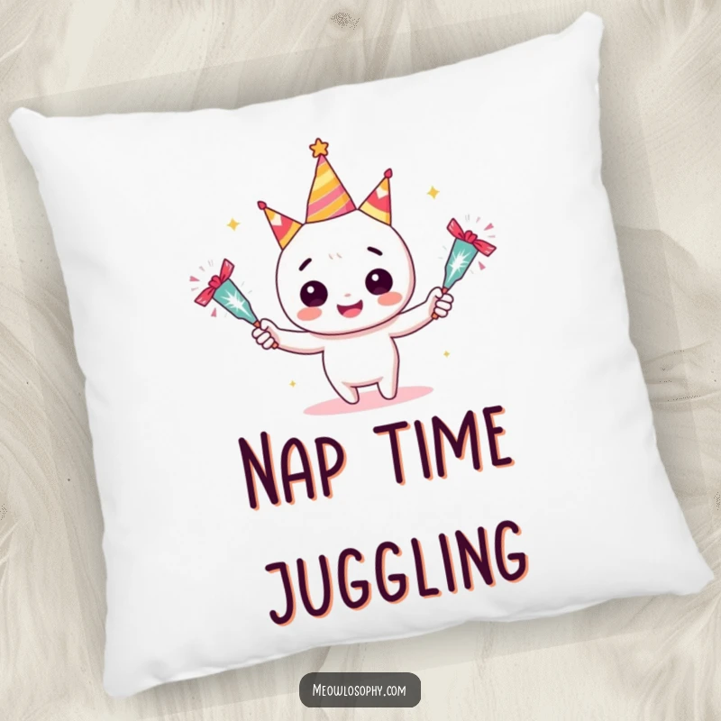Funny Adorable Juggler Pillow featuring a character juggling sparkling party crackers. Soft, humorous, and a cheerful home accent.