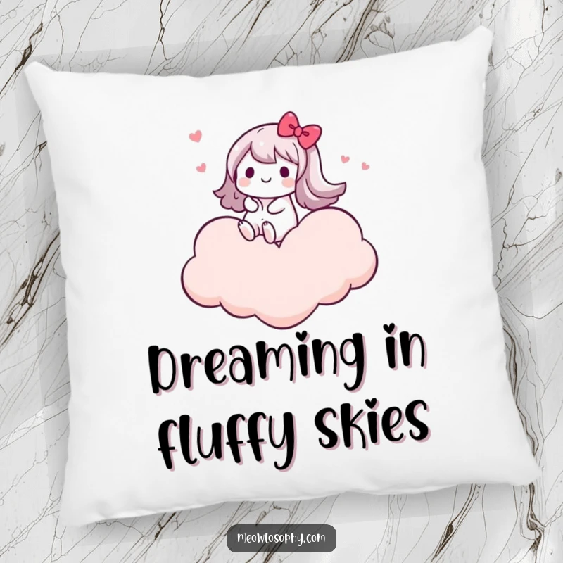 Funny pillow featuring a kawaii character joyfully riding on a cloud shaped like a heart, perfect for cozy, blissful comfort.