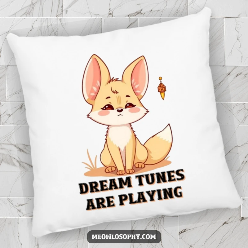 Funny Kawaii Fennec fox pillow featuring a cute fennec fox with ears perked, listening to the subtle sound of a desert wind chime.