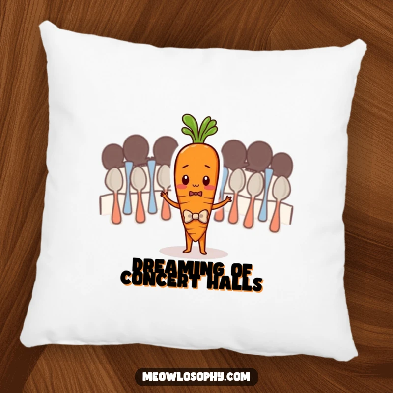 Funny pillow featuring a shy carrot in a bowtie conducting a spoon orchestra, adding a touch of whimsical humor and comfort.