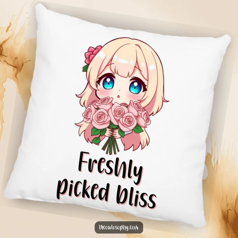 Funny pillow featuring a character in a state of comical surprise, clutching a bouquet of sparkly roses, great for humorous decor.