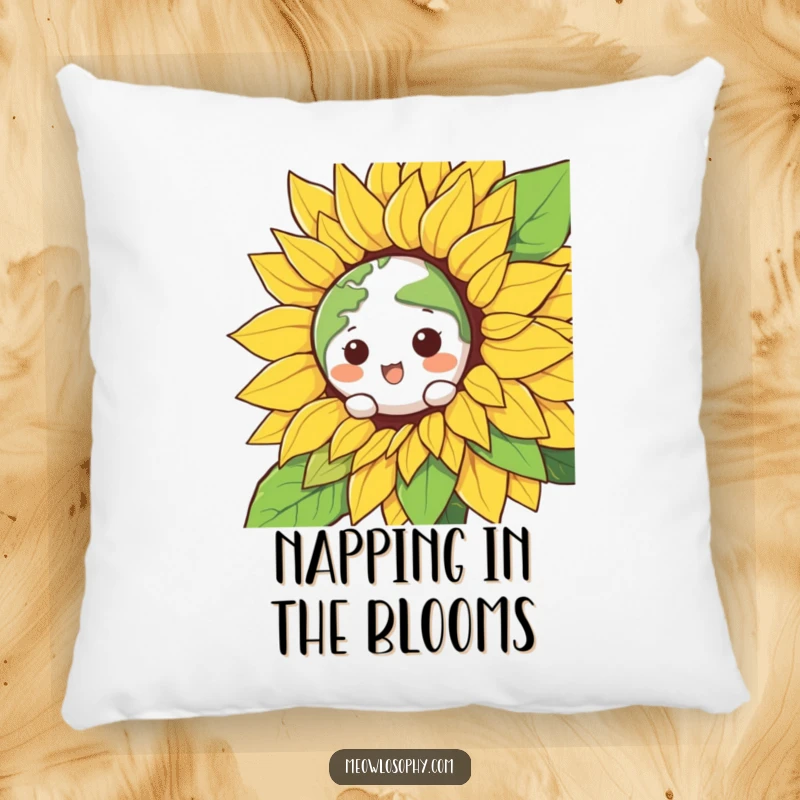 Funny Kawaii Earth character peeking from a smiling sunflower, featured on a soft pillow, providing humorous comfort and decor.
