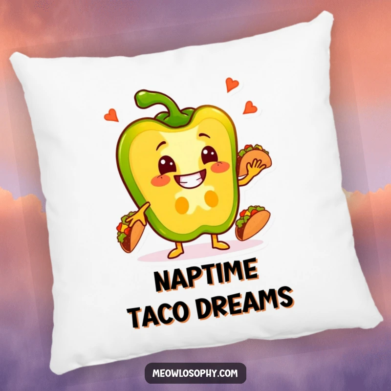 Funny Pepper Pillow with a grinning bell pepper slice juggling small tacos, adding comfort and humor.