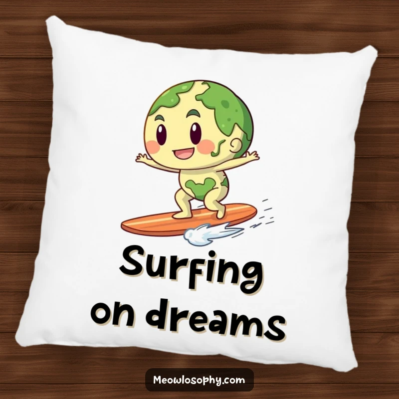 Funny decorative pillow with an anthropomorphic earth character surfing a gentle breeze, ideal for cozy, adventurous appeal.