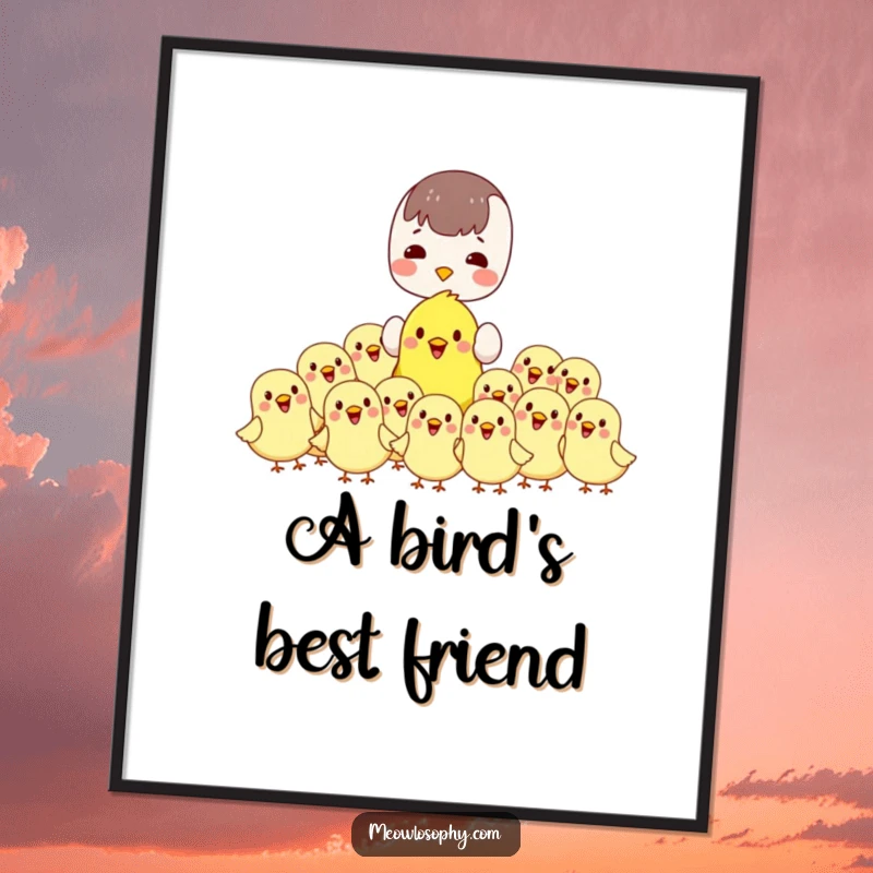 Funny kawaii digital art print of a character feeding cheerful, plump birds. Instant download for cute and humorous decor.