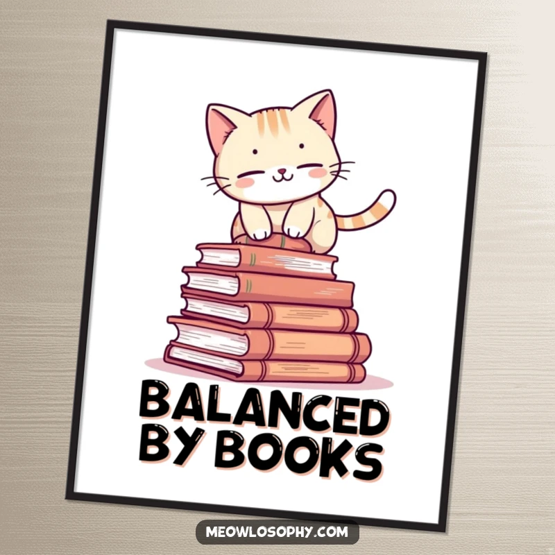 Funny cat digital art print of an adorable character attempting to balance on a stack of ancient books, humorous instant download.
