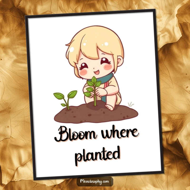 Funny digital art print of a cute character tending a miniature garden and smiling at a sprout, capturing peaceful growth and gentle humor.