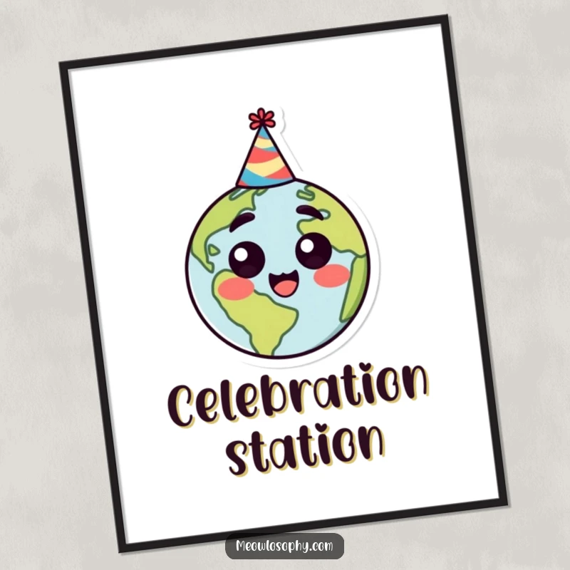 Funny digital art print of a stylized earth character wearing a party hat, with a happy, surprised expression, ready to celebrate.