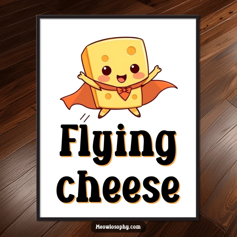Funny digital art print of a piece of cheese wearing a superhero cape, comically attempting to fly.