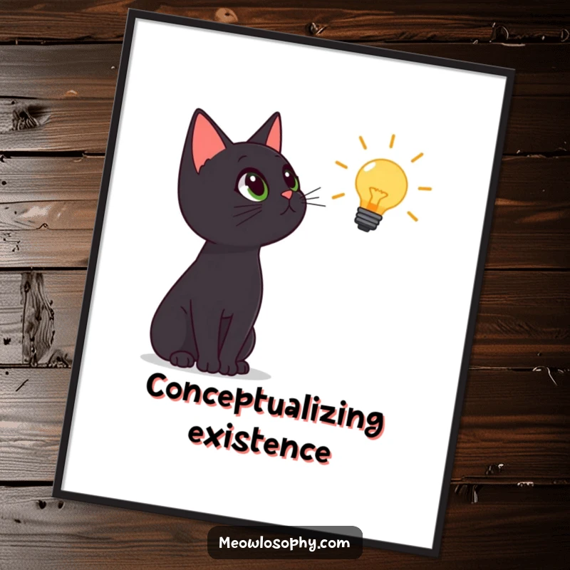 Funny black cat digital art print, cat looking up at a lightbulb icon with wonder, instant download, humorous decor.