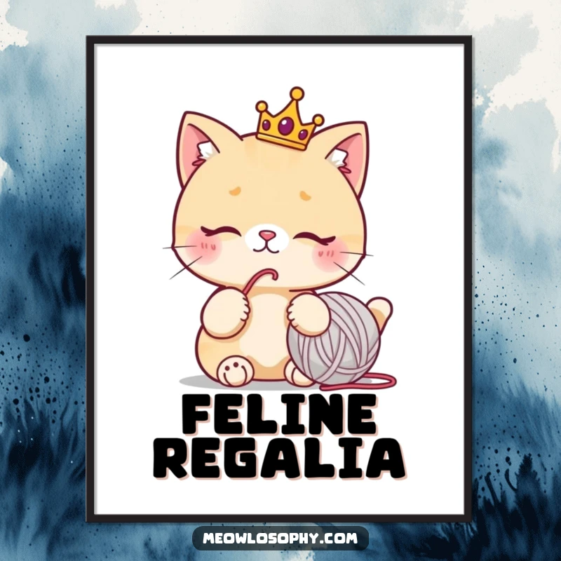 Funny cat digital art print of a cute character wearing a tiny crown, thoughtfully staring at a yarn ball, humorous instant download.