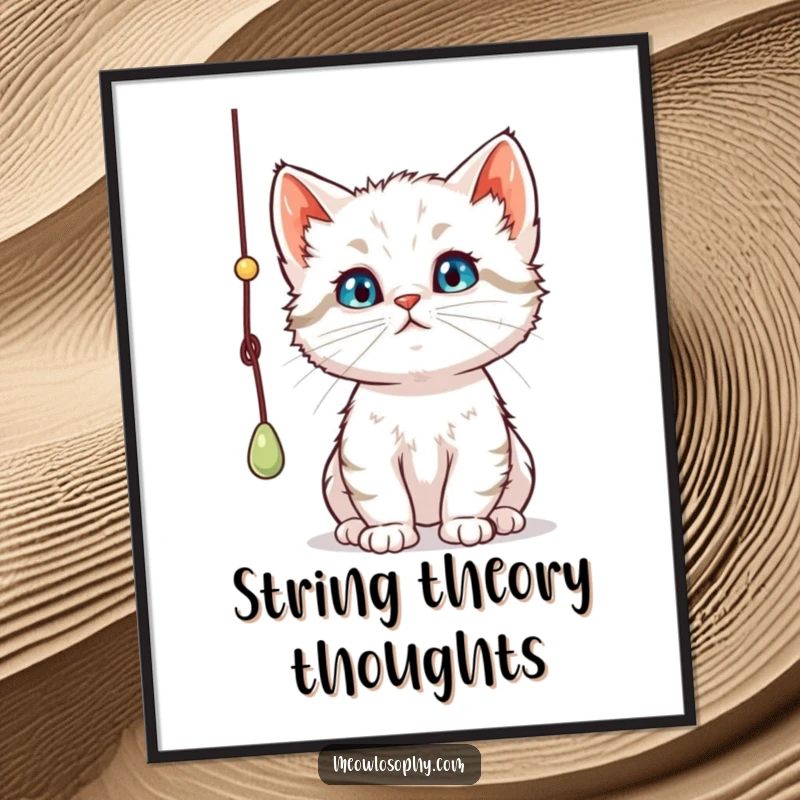 Funny curious kitten digital art, a thoughtful cat batting a dangling string, capturing playful innocence and artistic charm for your walls.