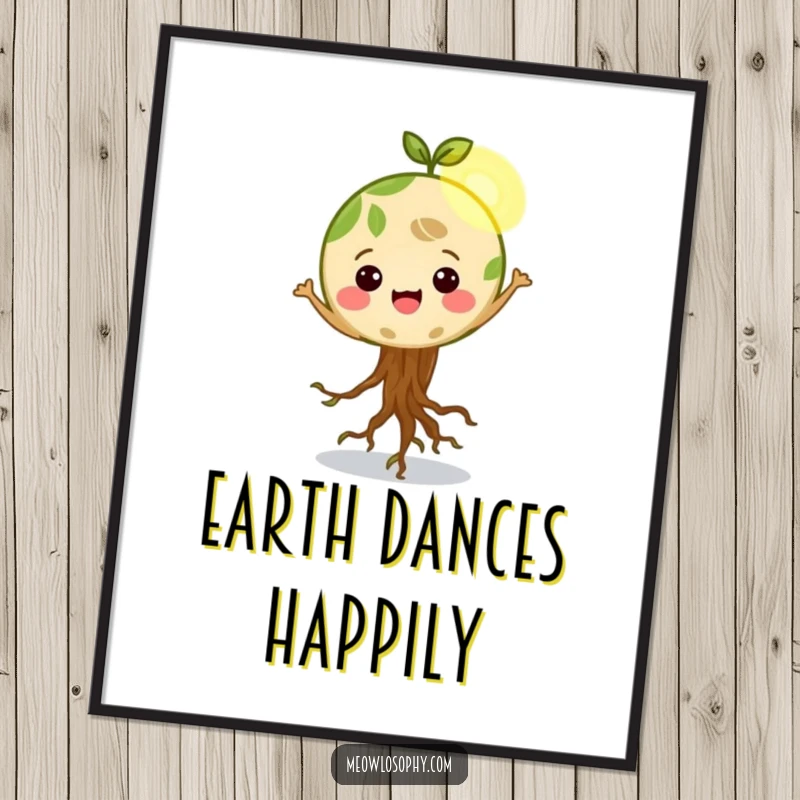 Funny Happy Earth character with roots wiggling, dancing in a sunbeam, digital art print for instant eco-friendly room decor.