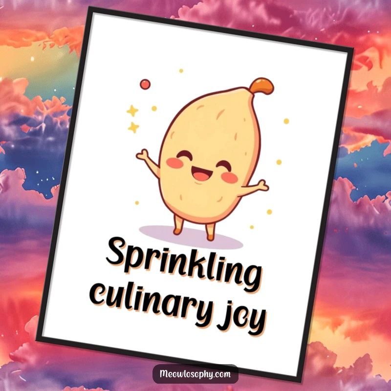 Funny Digital Art Print of a smiling fajita spice character playfully sprinkling shimmering sparkles, bringing magical, culinary energy for wall decor.