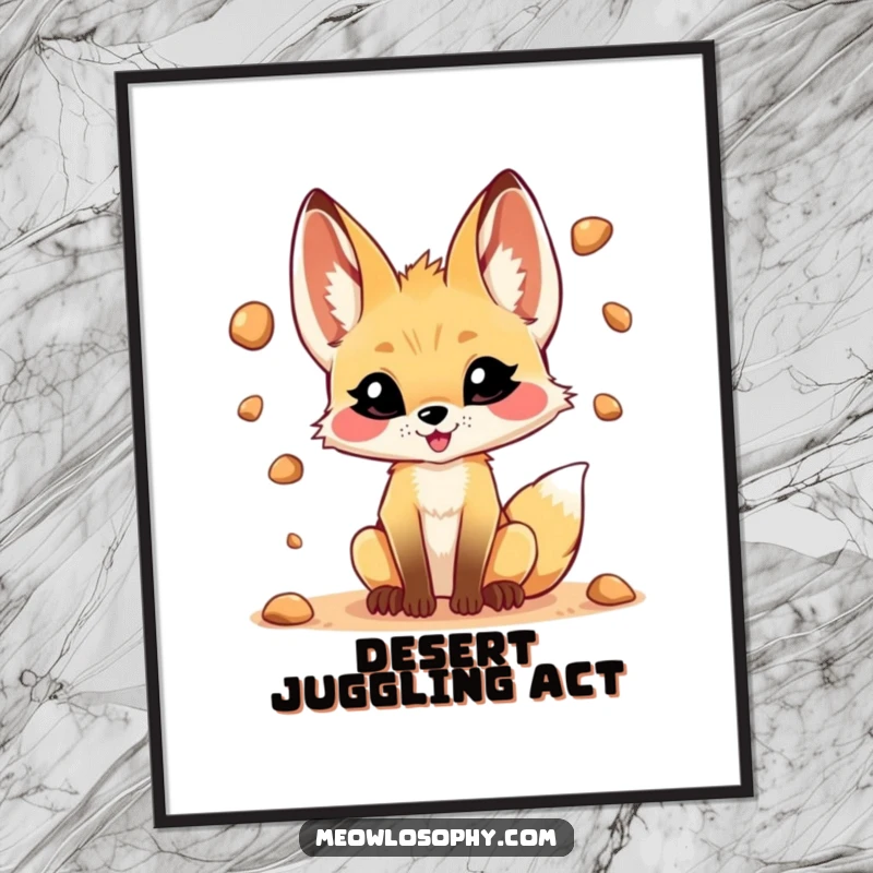 Funny digital art print of a mischievous fennec fox juggling small desert pebbles, a playful and charming wall decor piece.