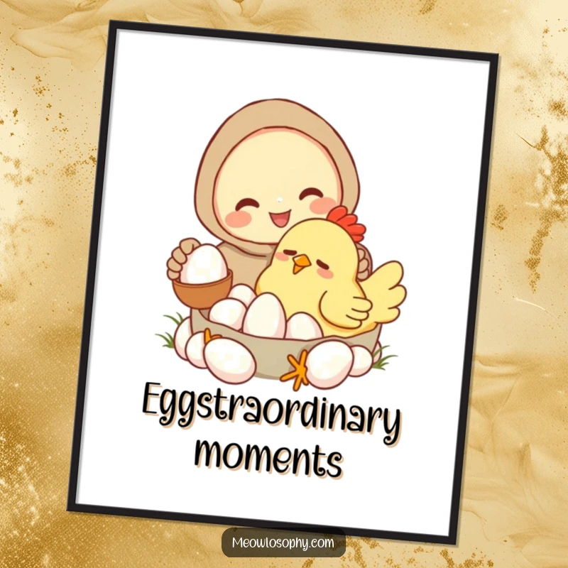 Funny digital art print of a smiling character collecting eggs from a sleepy, cartoonish chicken. Instant download for humorous wall decor.