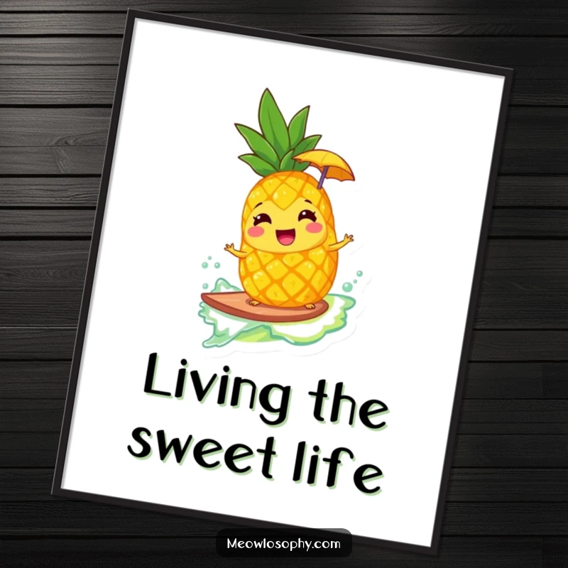 Funny digital art print of a giggling pineapple with an umbrella surfing a lemonade wave, ready to bring tropical joy to walls.
