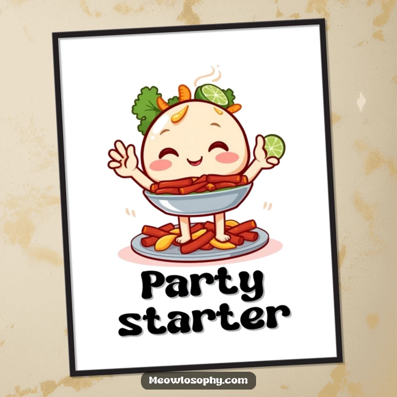 Funny Fajita Platter Digital Art Print of a happy food character with two tiny lime wedges waving, perfect for instant humorous wall decor.