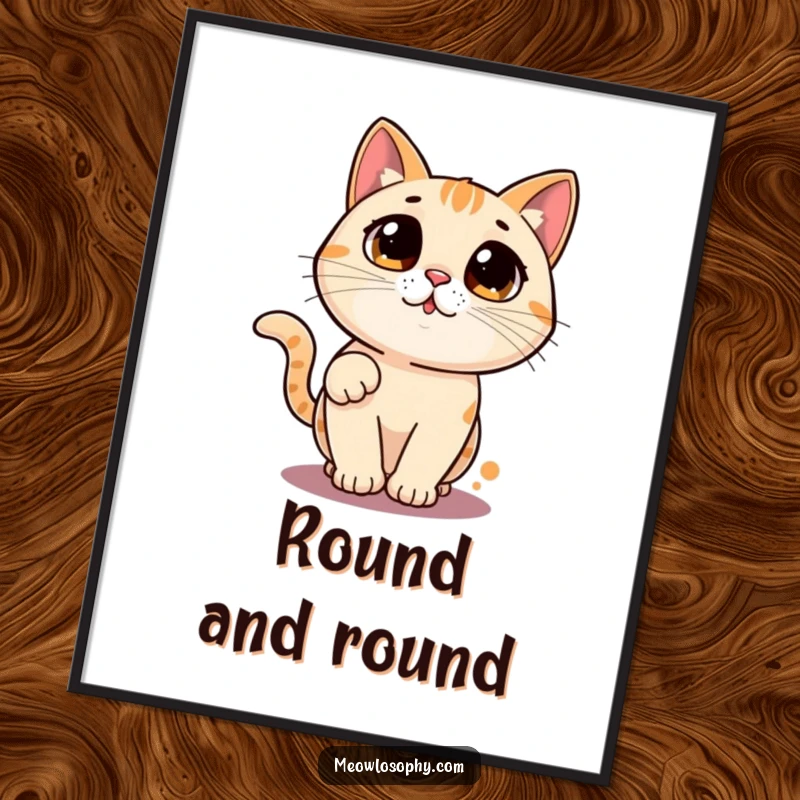 Funny cat digital art print of a wide-eyed character chasing a laser pointer dot in a circle, humorous instant download.