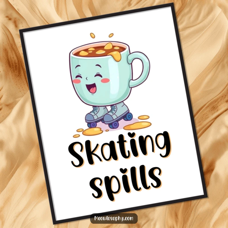 Funny digital art print of a sentient coffee mug comically spilling its contents while wearing tiny roller skates.