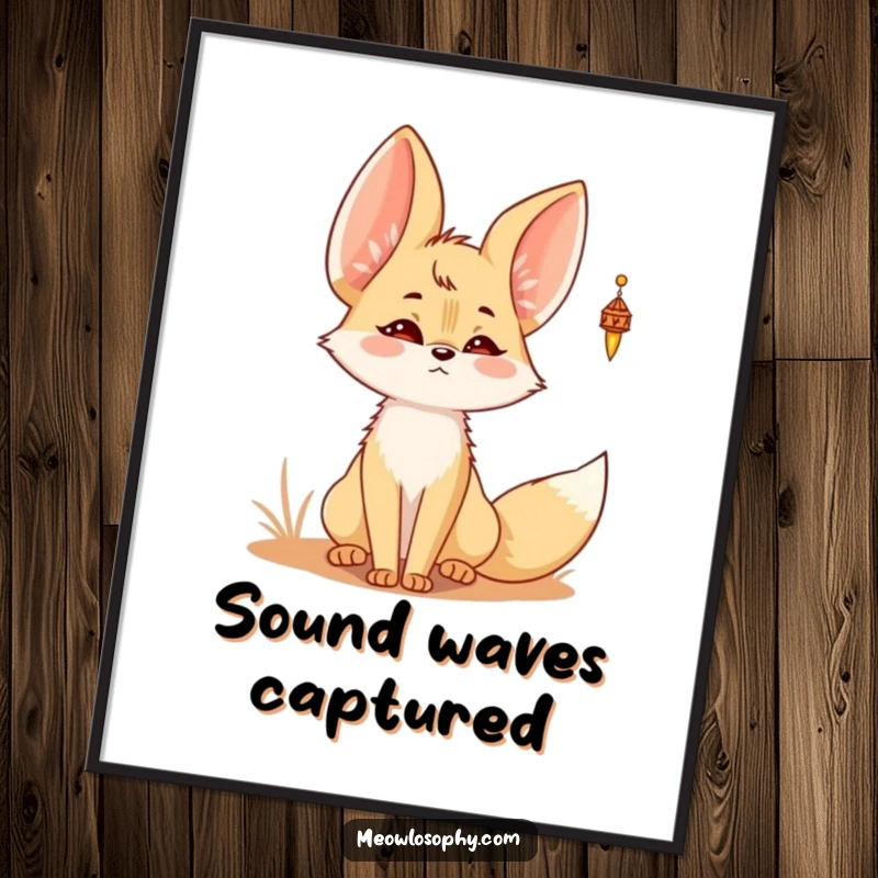 Funny Kawaii Fennec fox digital art print of a cute fennec fox with perked ears, listening to a desert wind chime.