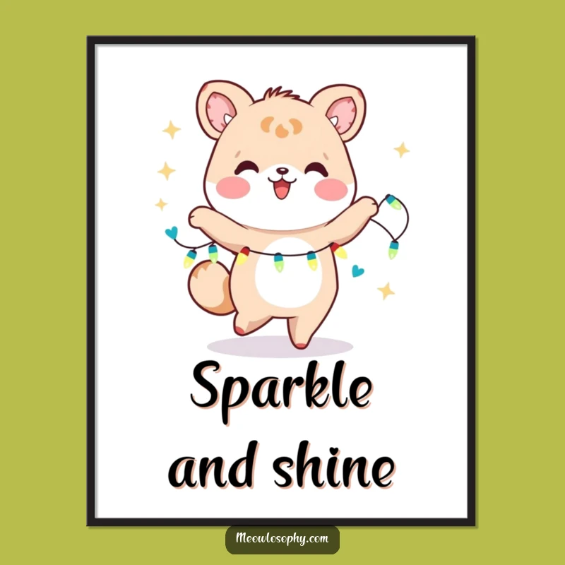 Funny Kawaii Dancer Digital Art: Joyful Animal with Fairy Lights, Instant Cheerful Decor