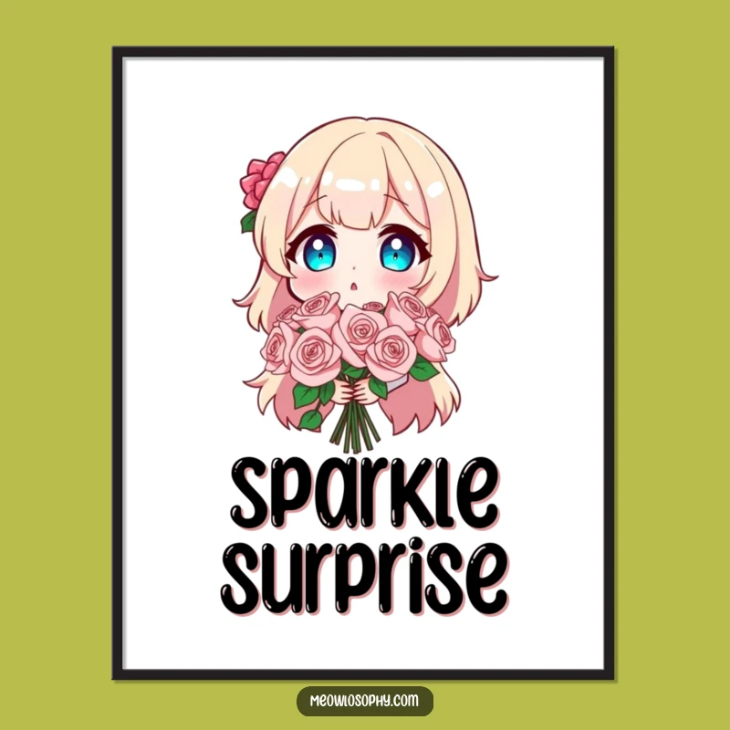 Funny Surprise Digital Art: Hilarious Character Excitement with Sparkly Roses for Your Walls