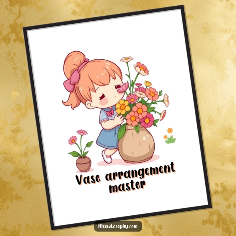 Funny cute character arranging fresh flowers in a rustic vase with care, as instant download digital art.