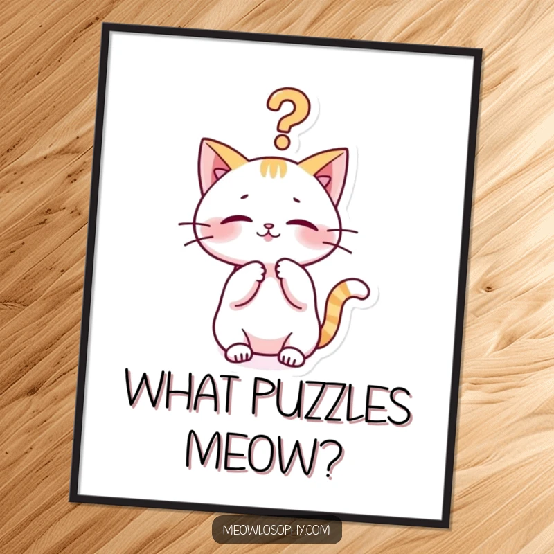Funny kawaii cat digital art print of a cute character playfully batting at a philosophical question mark, humorous instant download.
