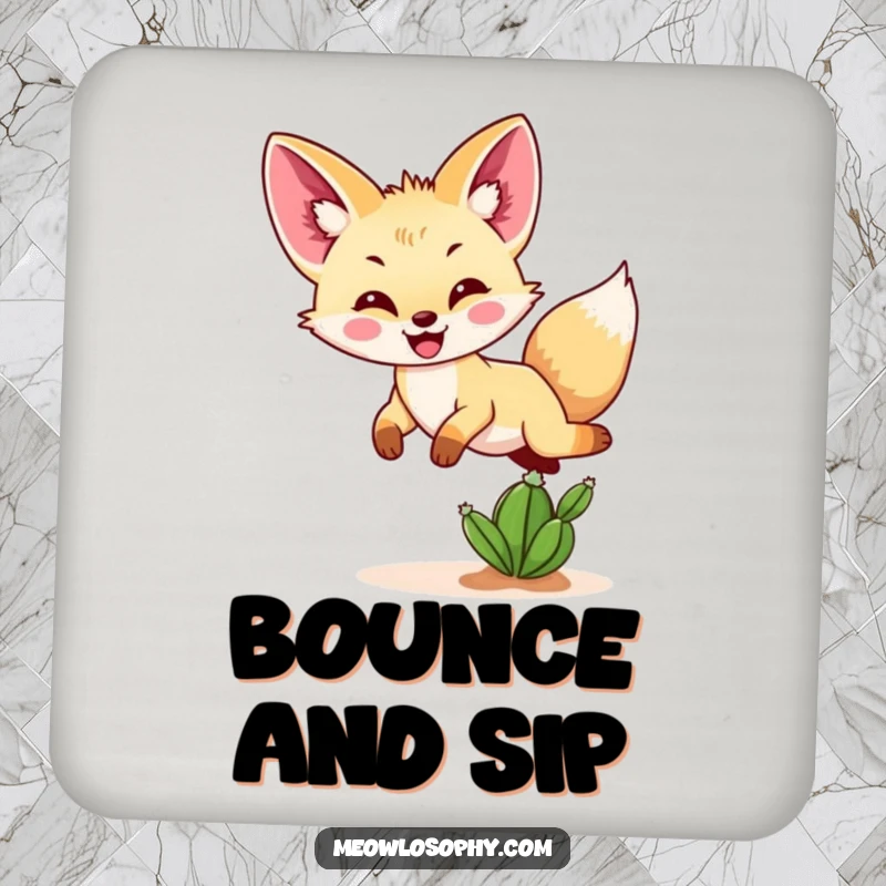 Funny Fennec fox coaster showing a happy fennec fox mid-jump over a small cactus, protecting tables with desert flair.