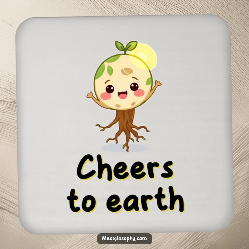Funny Happy Earth character with roots wiggling, dancing in a sunbeam, coasters that add a touch of eco-themed fun.