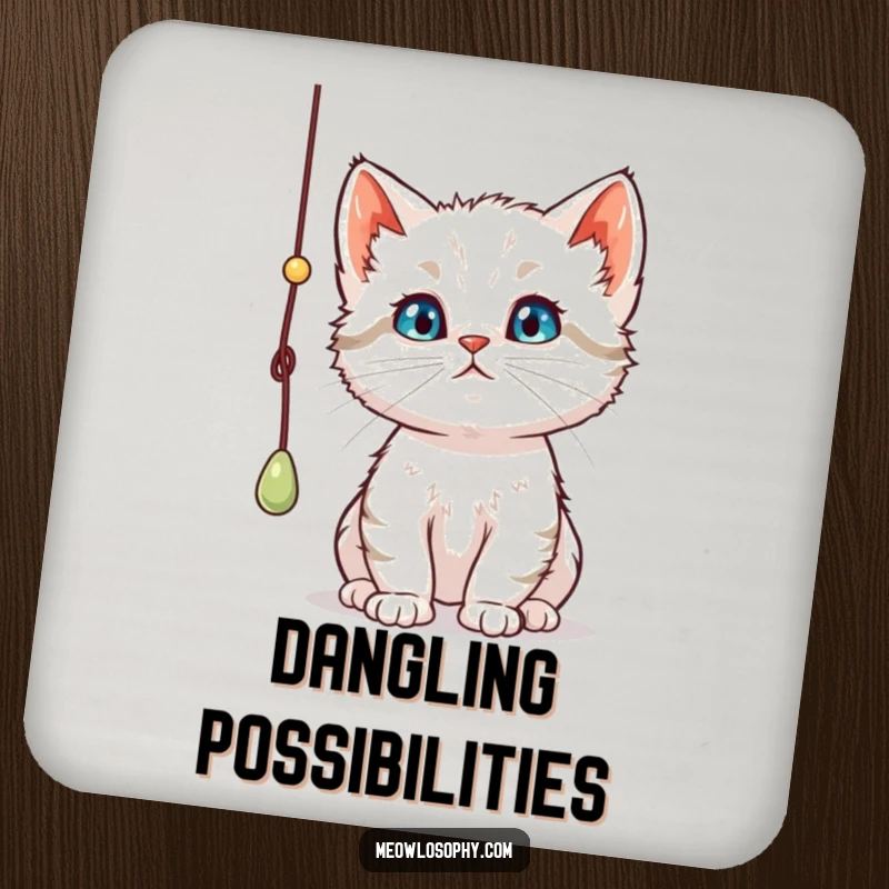 Funny curious kitten drink coaster, featuring a thoughtful cat batting a dangling string, protecting surfaces with feline charm.