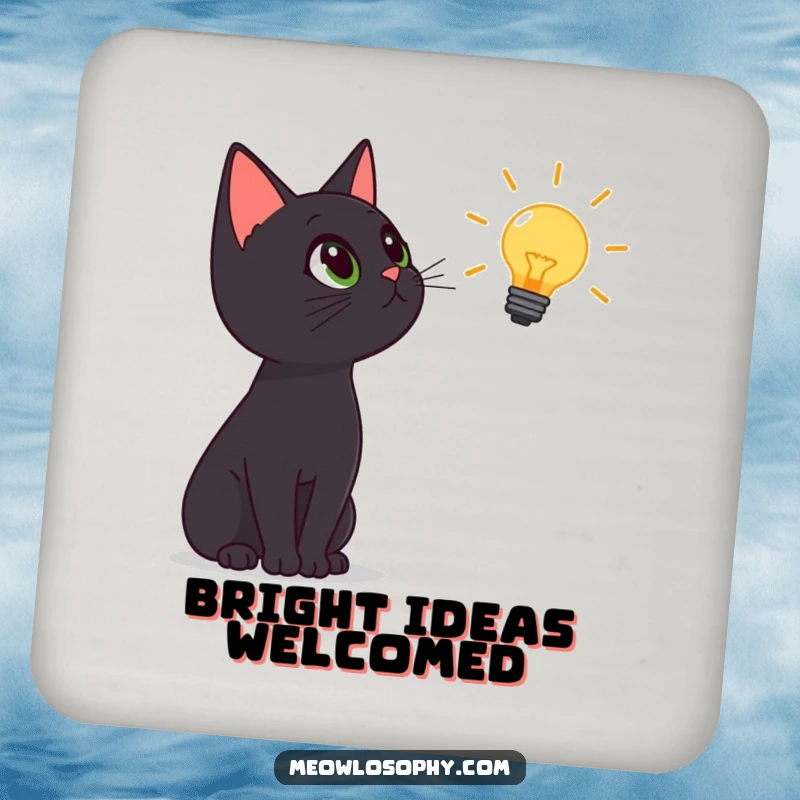 Funny black cat drink coaster, cat gazing at a lightbulb icon, humorous protection for furniture, delightful small gift.
