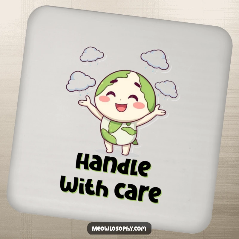 Funny drink coaster featuring a smiling earth character juggling tiny storm clouds with a playful wink, ideal for humorous decor.