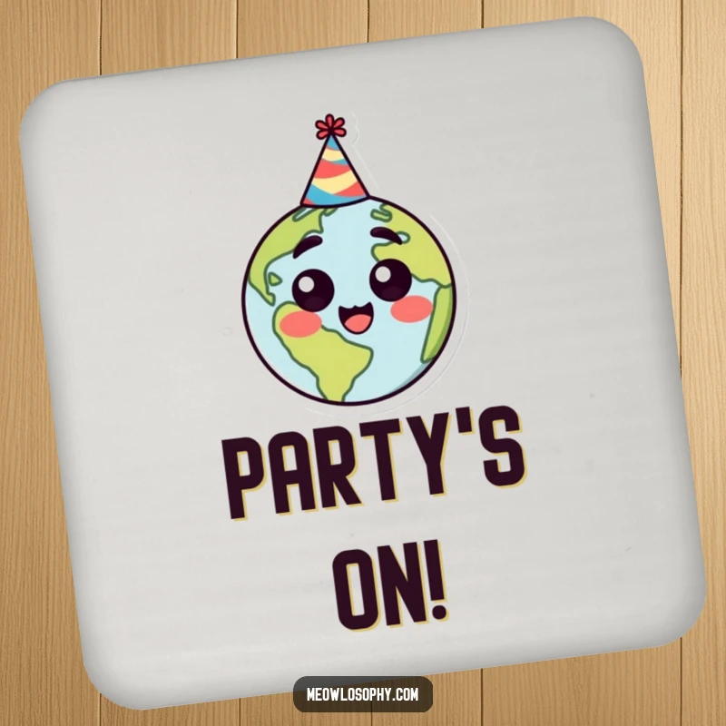 Funny drink coaster featuring a stylized earth character wearing a party hat, smiling with happy surprise, ideal for surface protection.