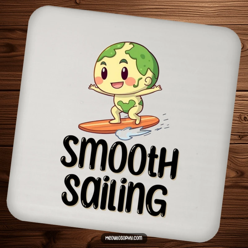 Funny drink coaster featuring an anthropomorphic earth character playfully riding a gentle breeze like a surfboard, ideal for decor.