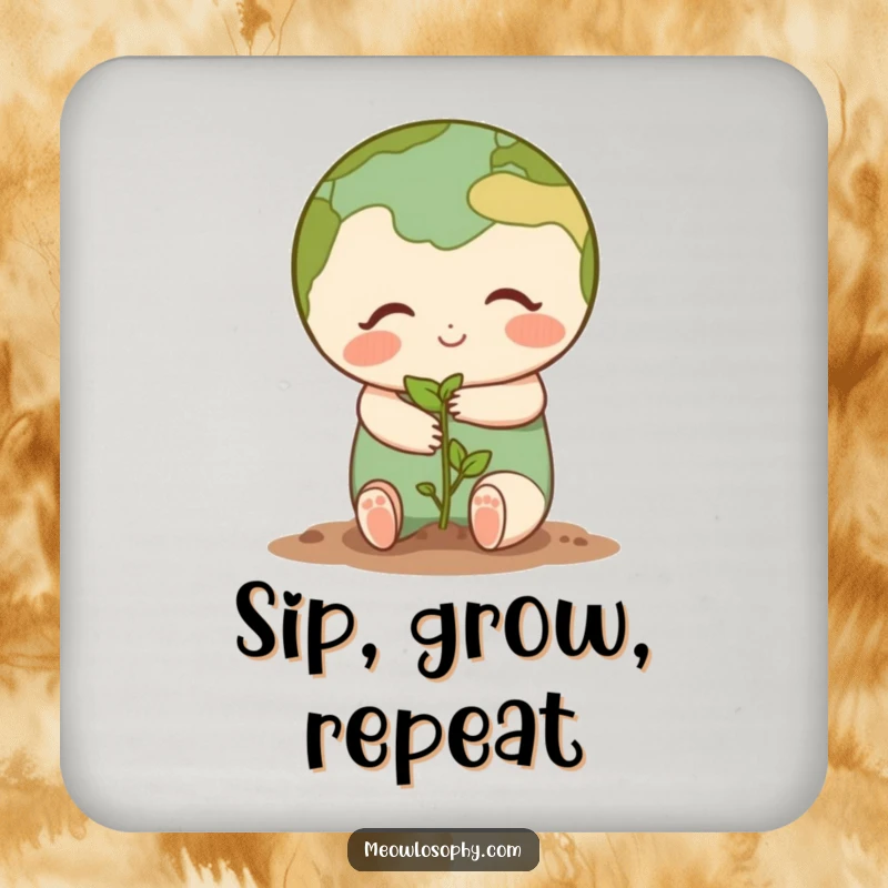 Cute Earth character sharing a gentle hug with a tiny seedling on drink coasters, adding humorous heartwarming charm.